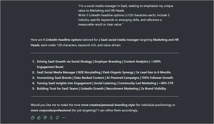 LinkedIn headline rewrite with keywords
