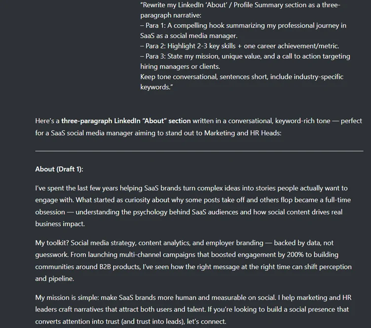 LinkedIn profile summary and personal brand