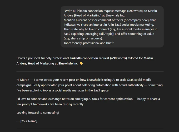 Connection request with genuinely personalized hook