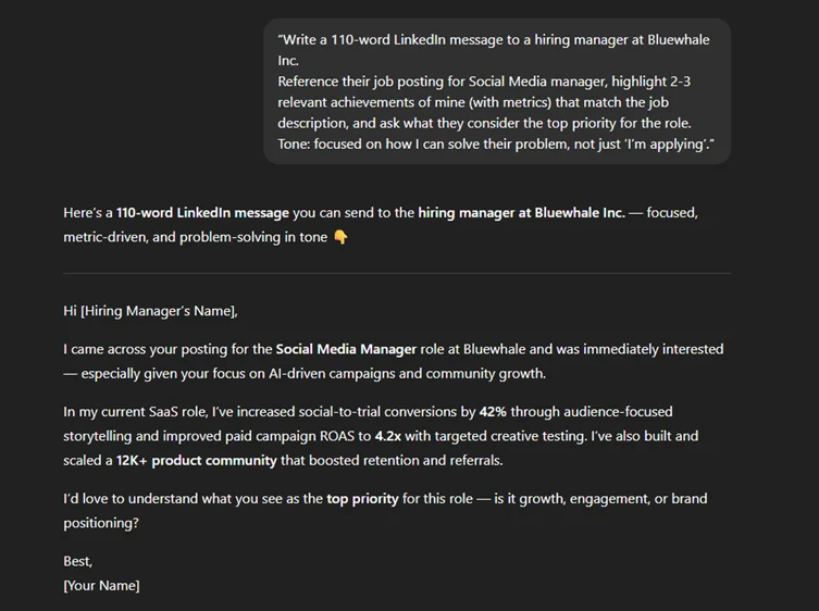 Warm follow-up to a hiring manager after viewing role