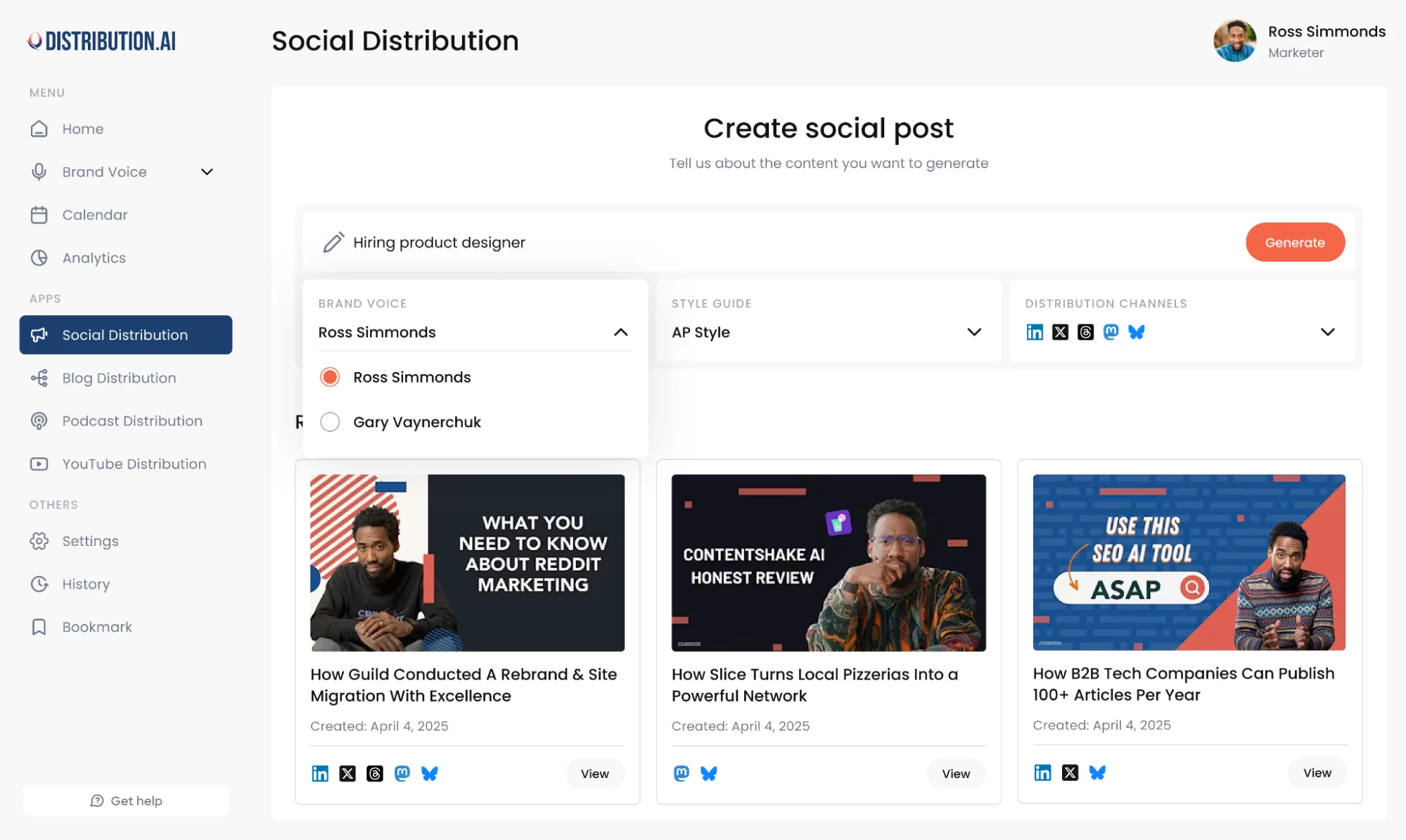 Repurpose articles, videos, podcasts and automatically publish them on social media platforms with Distribution AI.