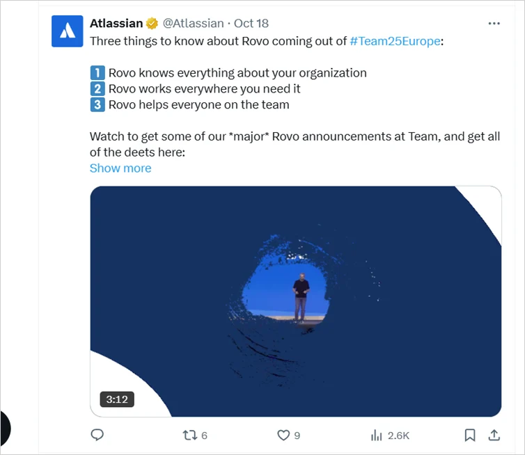 Atlassian’s Twitter post about Rovo updates announcement at Team '25 Europe.