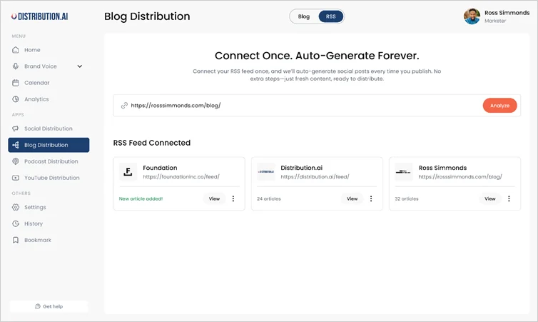 Automate posting directly from RSS feeds to social accounts with Distribution AI.