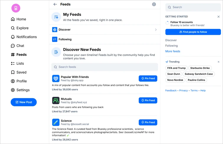 Bluesky’s multiple feeds in the home timeline.