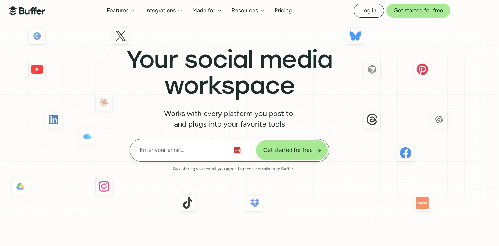 Buffer homepage showing their social media workspace