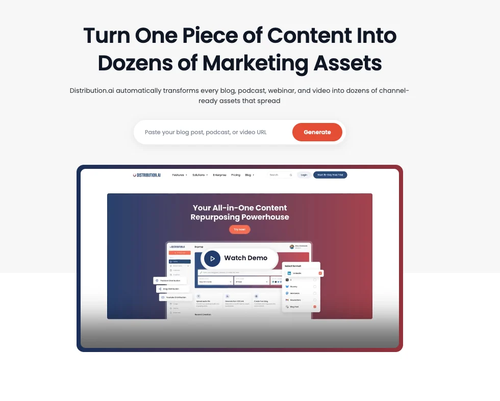 Distribution.ai homepage showing its AI-powered content repurposing and social media distribution platform.