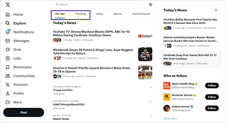 For You and Trending tabs under Explore to find relevant hashtags