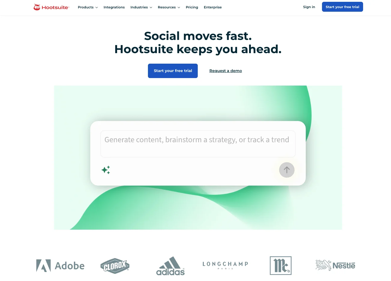 Hootsuite homepage showing its social media scheduling, inbox and analytics platform