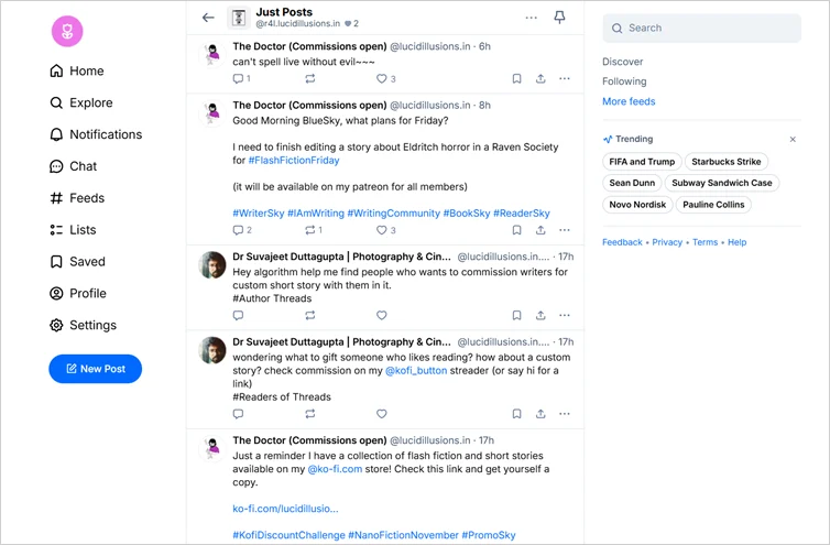 Just Posts feed on Bluesky that shows simple text posts from other accounts.