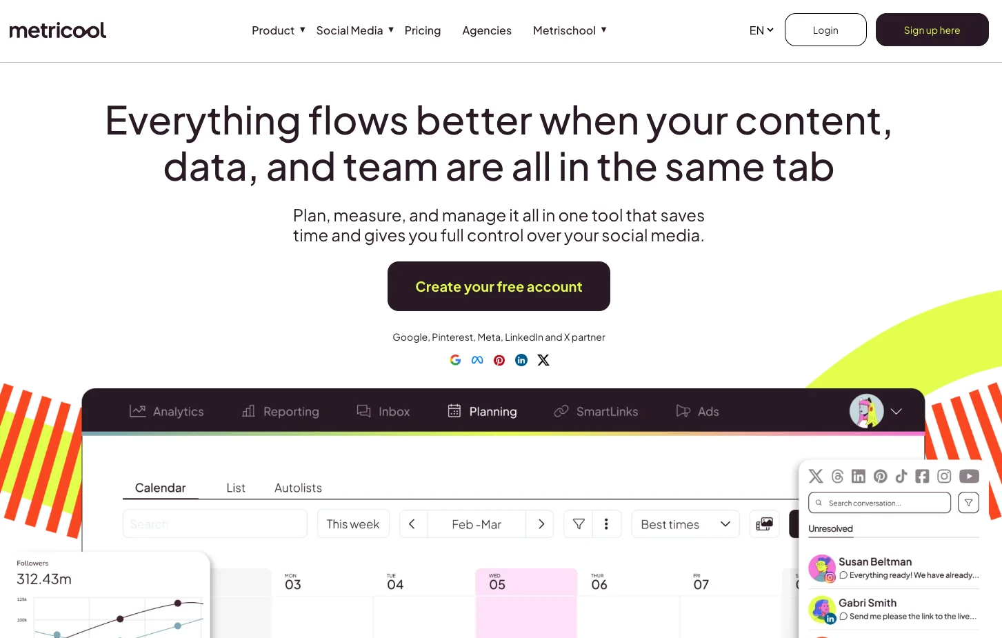 Metricool homepage showing content schheduling