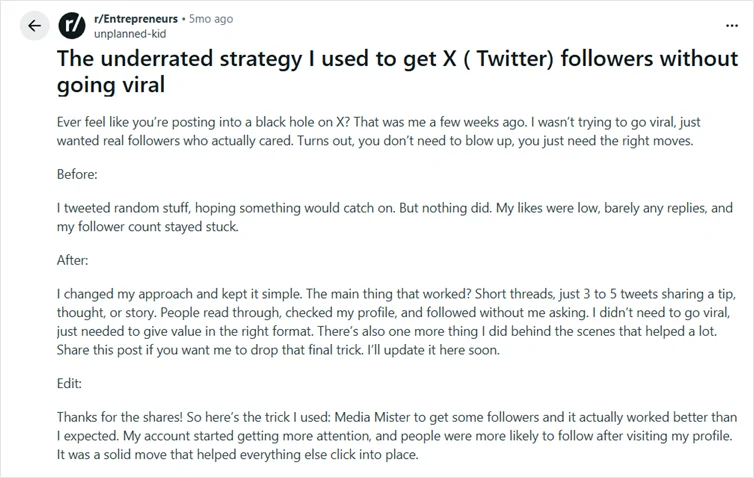 Reddit thread on Twitter growth tips