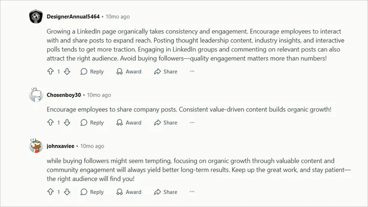 Reddit thread on how to grow a company page on LinkedIn.