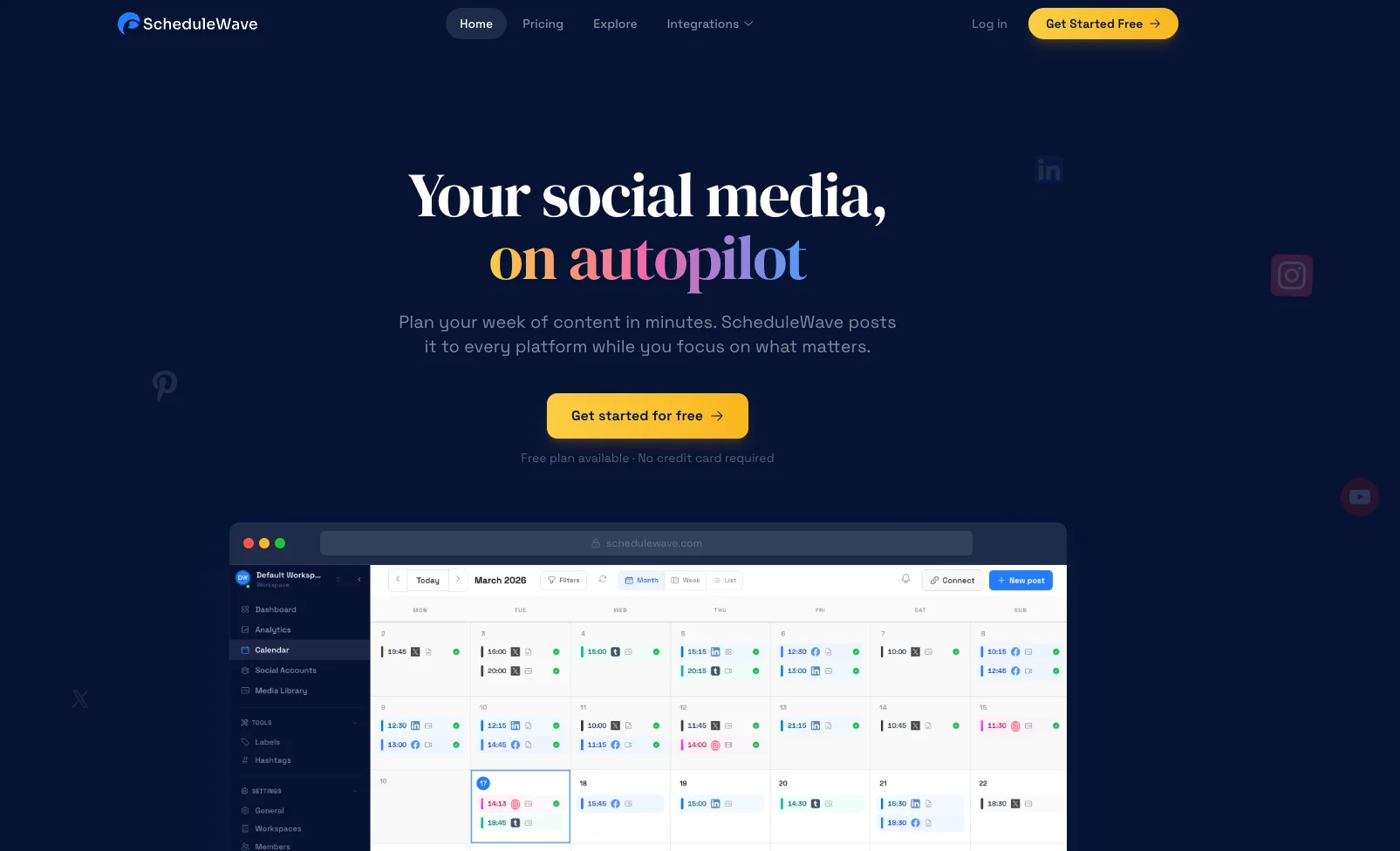 ScheduleWave homepage showing its cross-platform social media scheduling platform