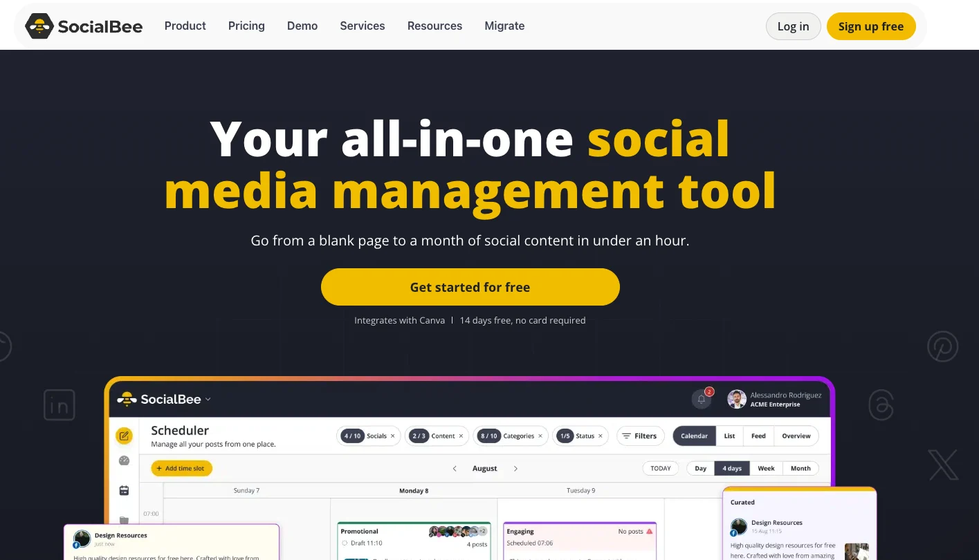 SocialBee homepage showing its social media scheduling and management platform