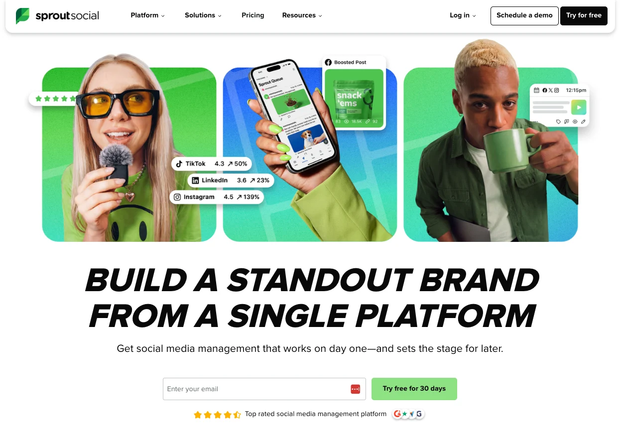 Sprout Social homepage showing its social media publishing, inbox management and reporting platform