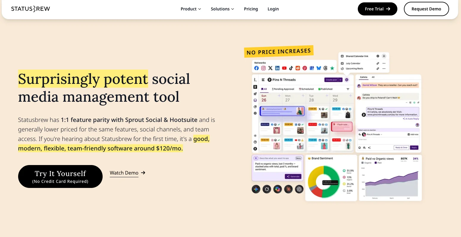 Statusbrew homepage showing its social media management platform for publishing, approvals, inbox management and reporting.