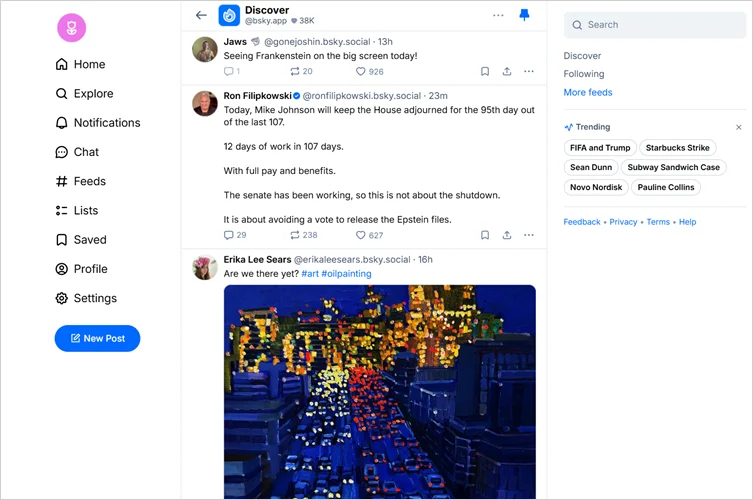 The Discover Feed on Bluesky shows posts based on active community discussions.