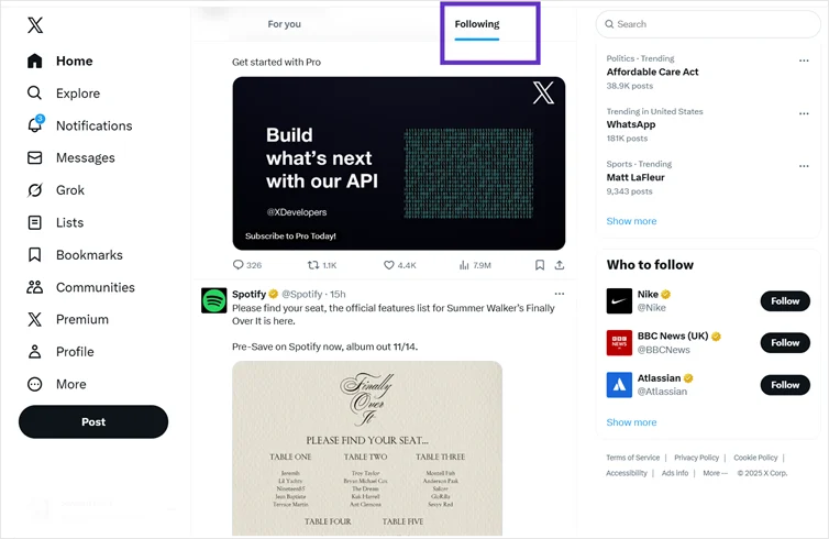 The Following tab on Twitter