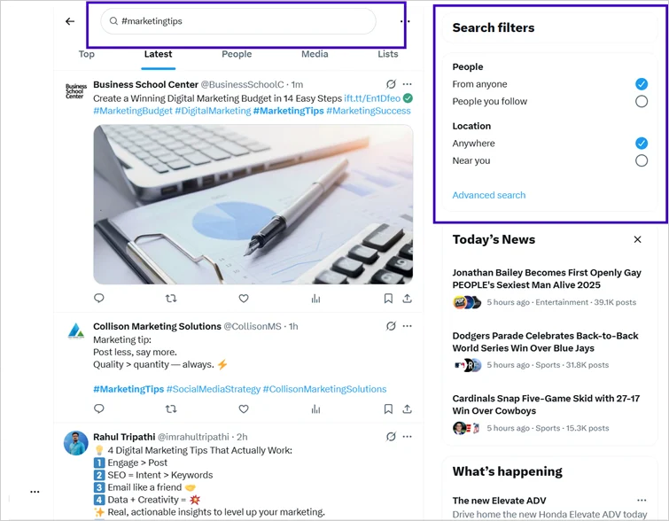 Twitter Search bar and search filters to help you find the right hashtags.