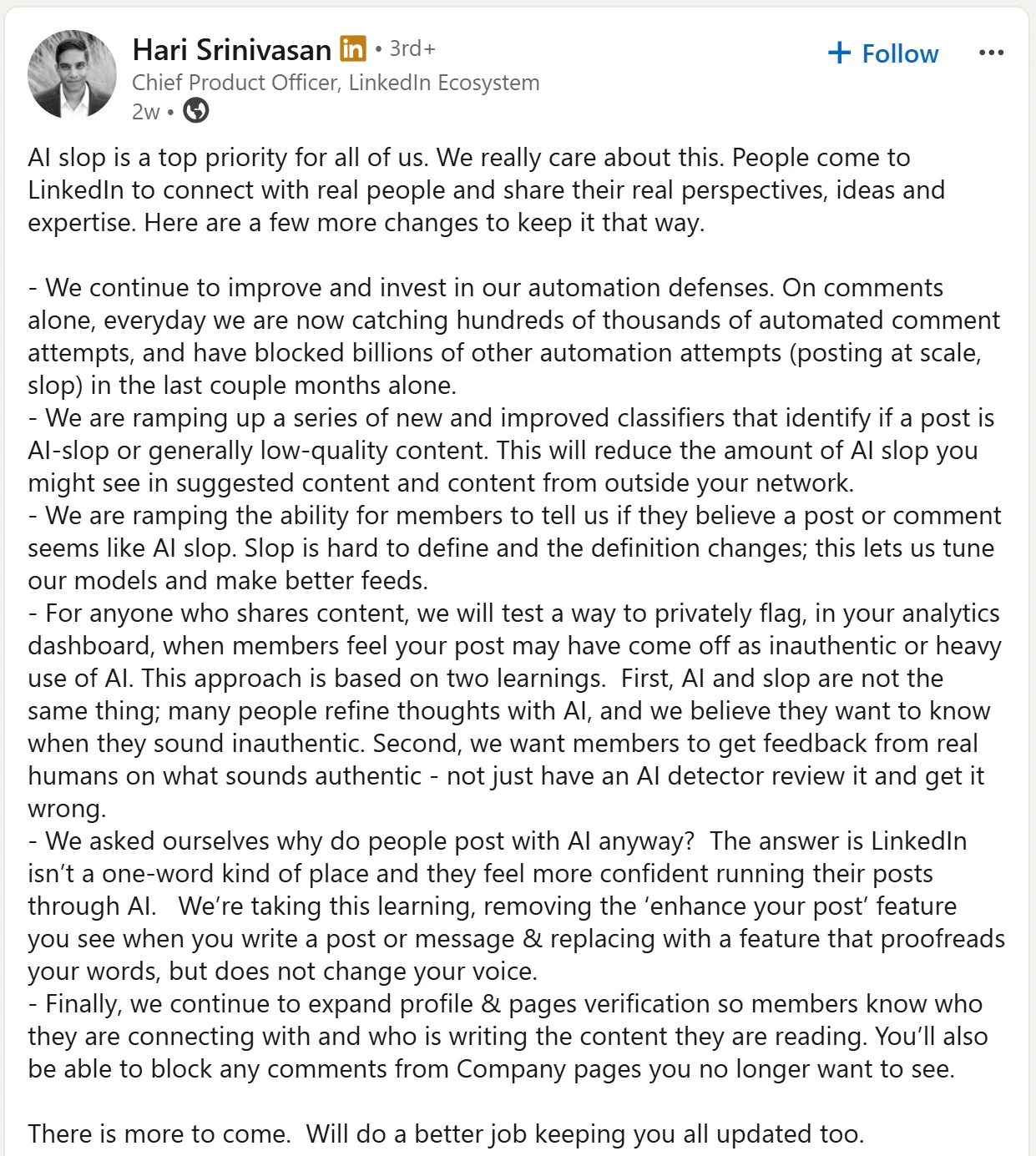 Hari Srinivasan’s LinkedIn post about combating AI shop