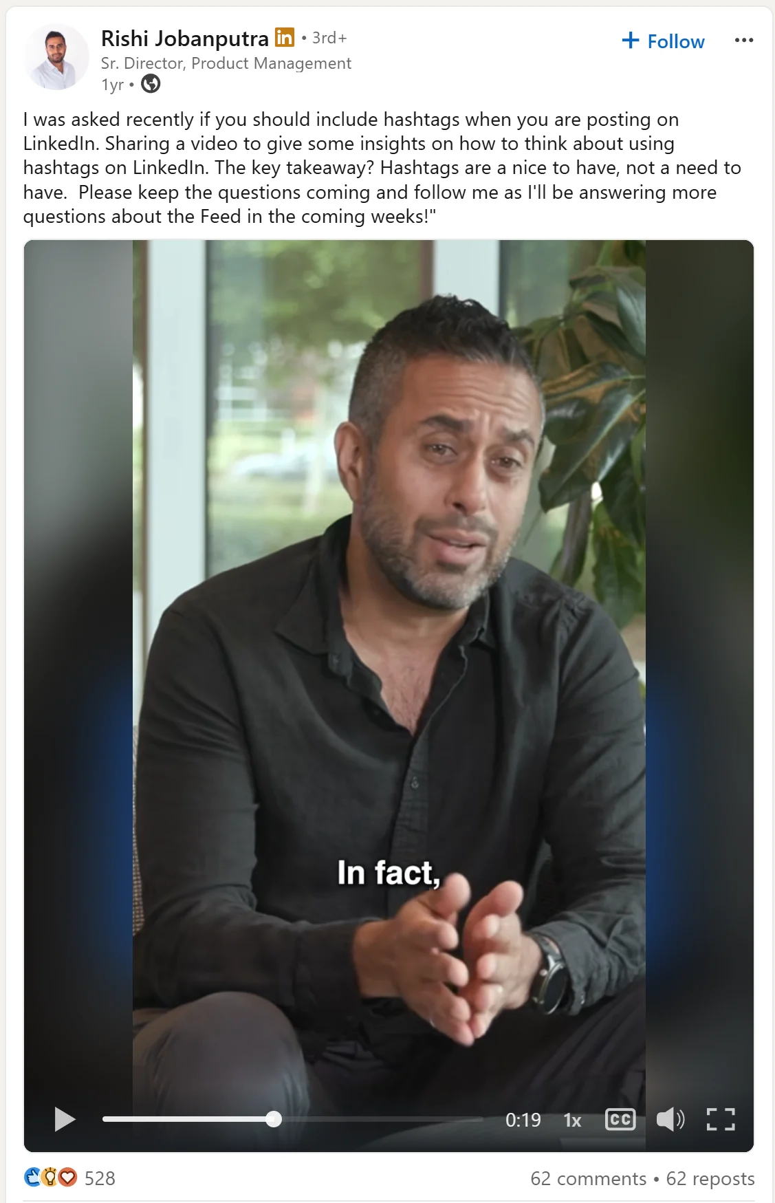 Rishi Jobanputra’s LinkedIn post about hashtags
