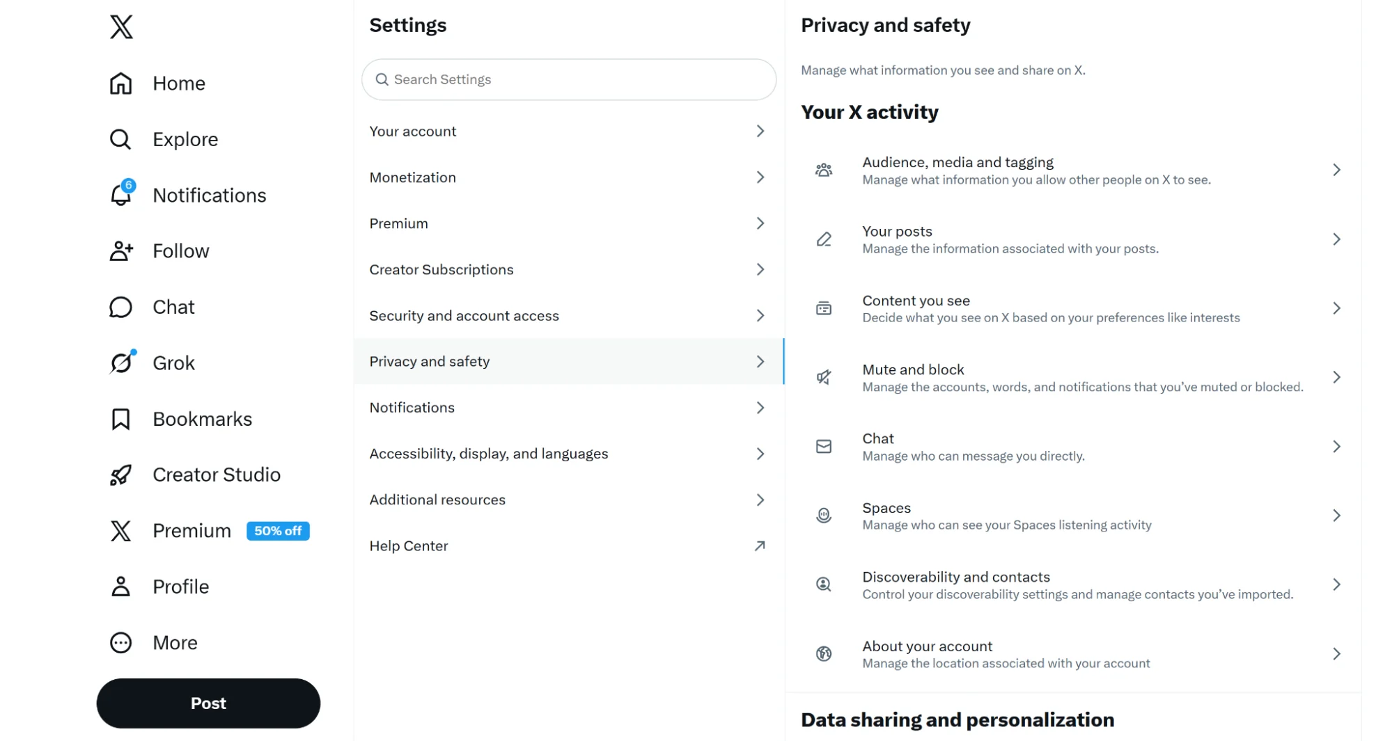 X/Twitter content settings