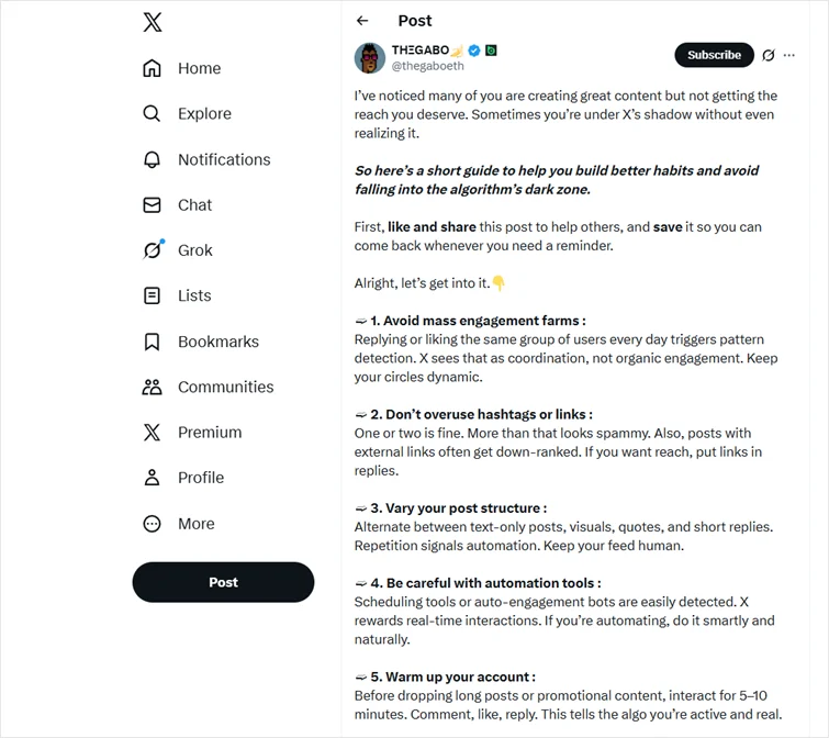 A Twitter post with tips to keep up with X’s algorithm.