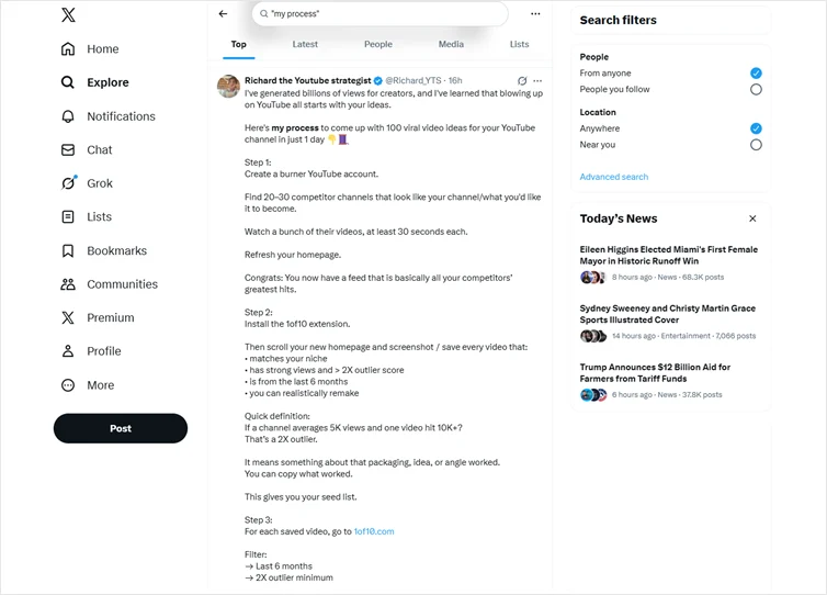 A Twitter thread explaining how one comes up with viral video ideas for YouTube.