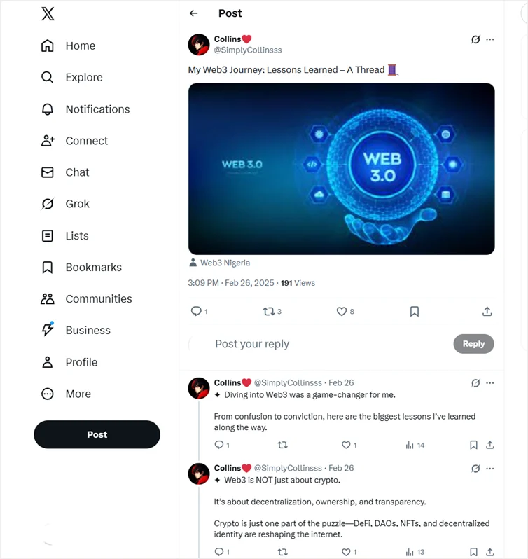 A Twitter thread highlighting the learnings of Web3.