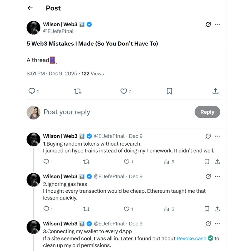 A Twitter thread on “Web3 mistakes I made.”