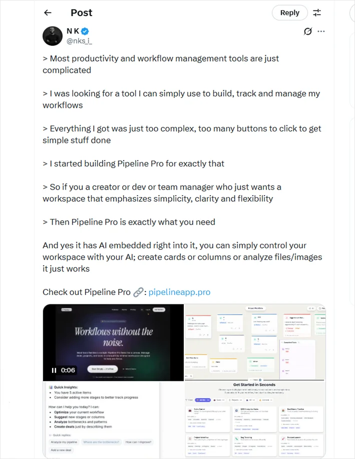 A tweet highlighting behind-the-scenes workflow using the Pipeline Pro tool.