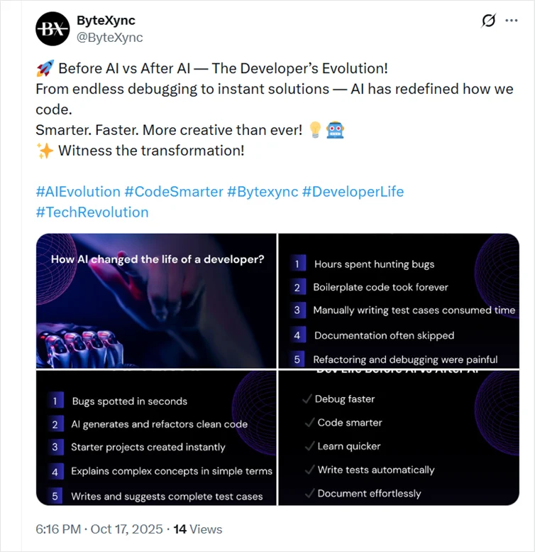 A tweet on before AI vs. after AI for developers