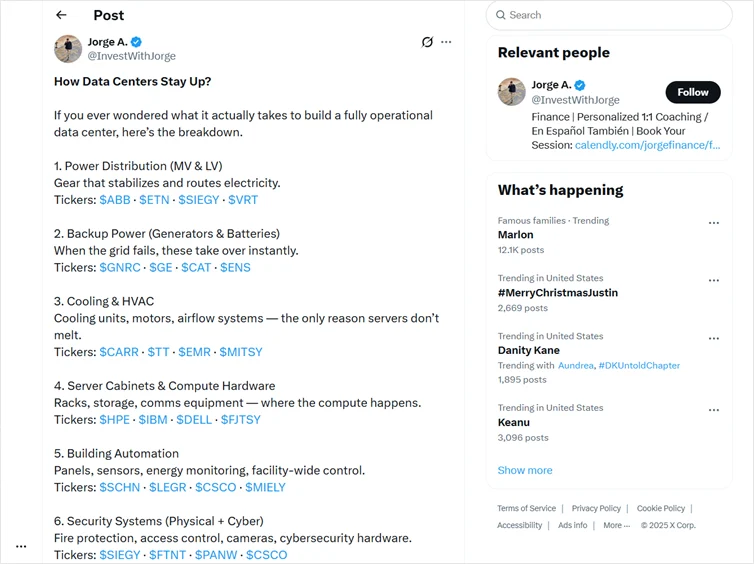 Twitter thread explaining how data centers stay up and what it takes to build a data center.