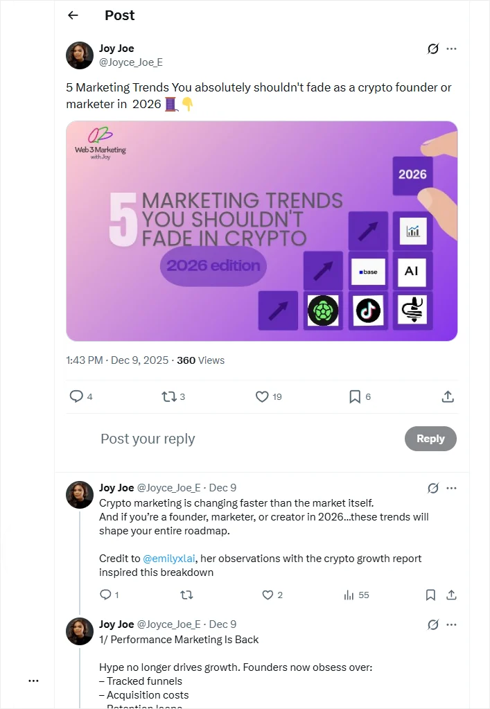 Twitter thread highlighting marketing trends for crypto founders and marketers.