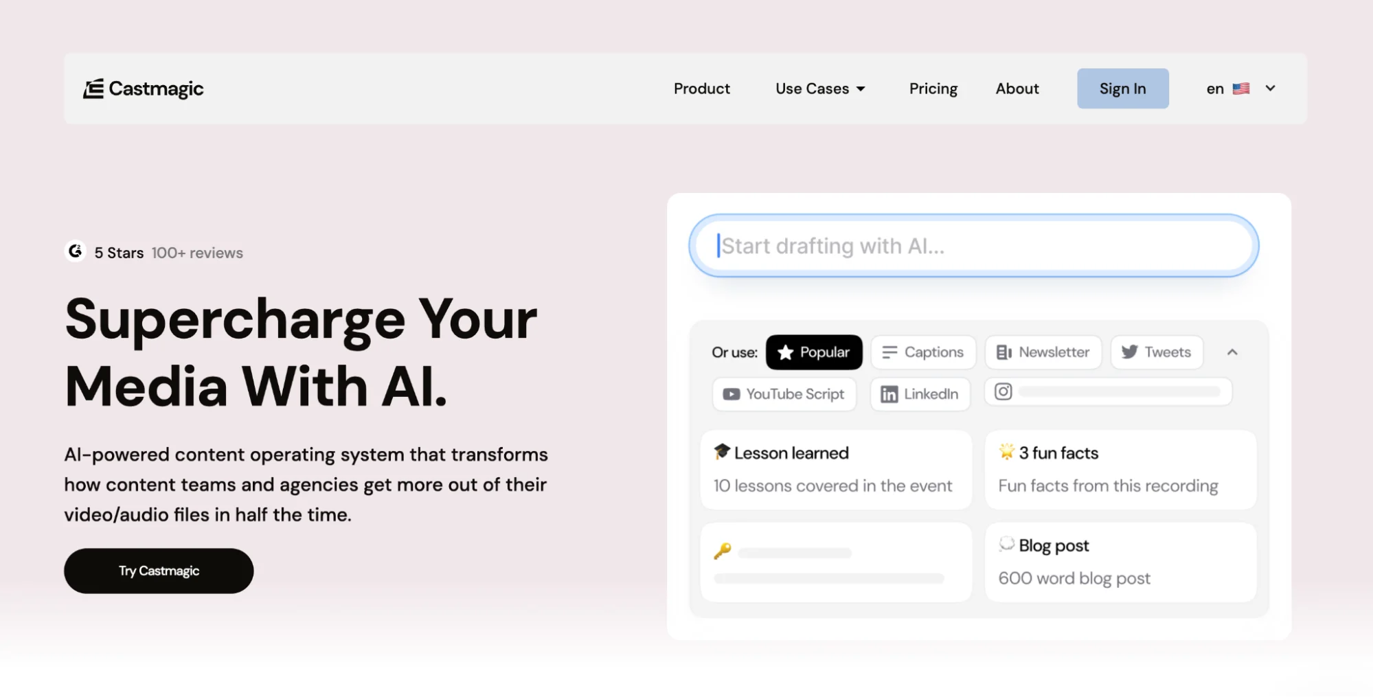 Castmagic AI platform for content repurposing tools, turning recordings into blogs and posts.