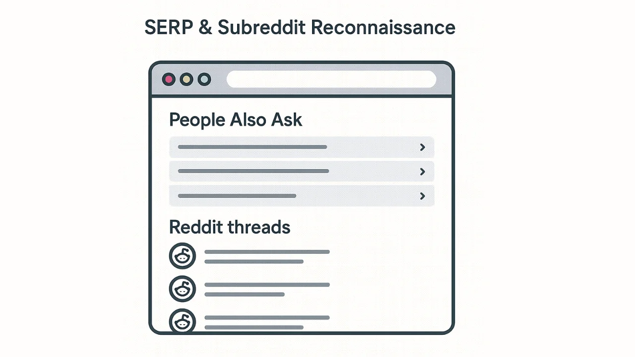 Conceptual browser mockup showing People Also Ask results and Reddit thread topics for research.