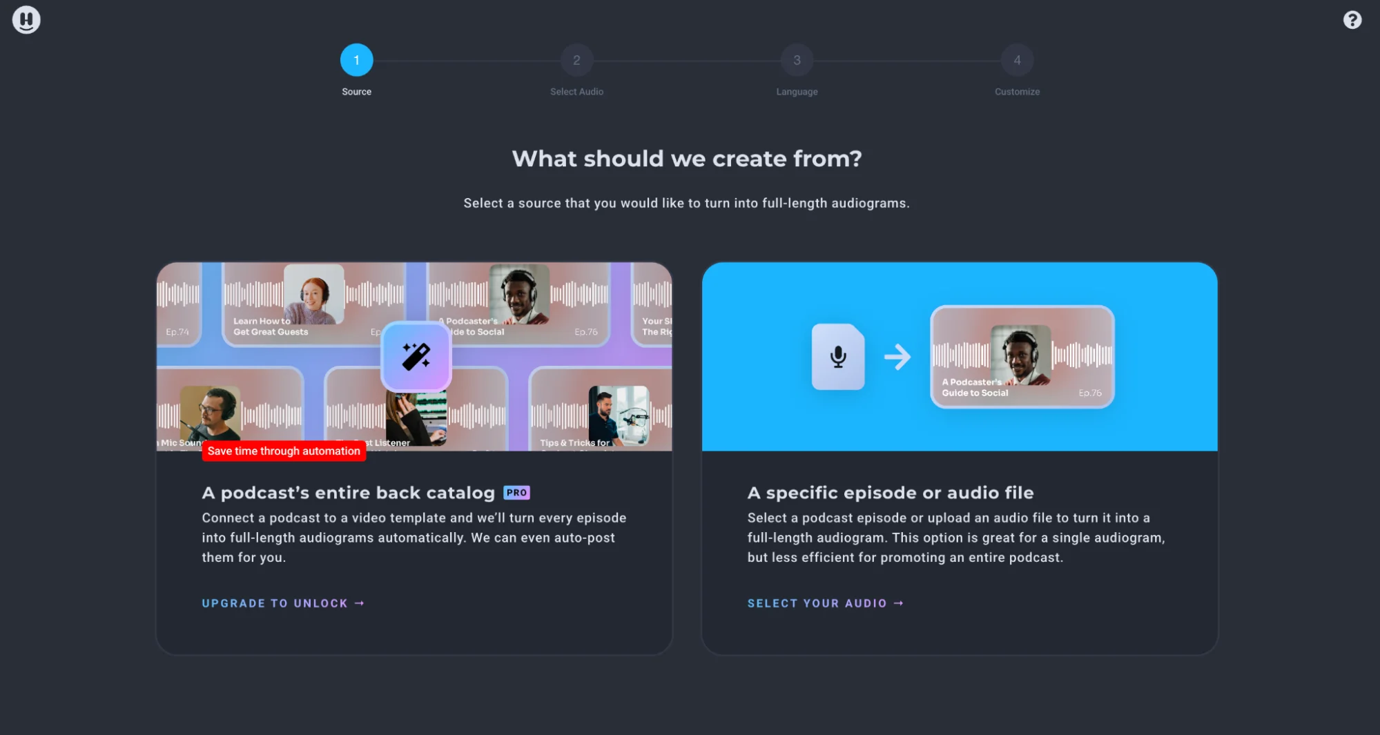 Content repurposing tool screen for turning podcast episodes into audiograms.