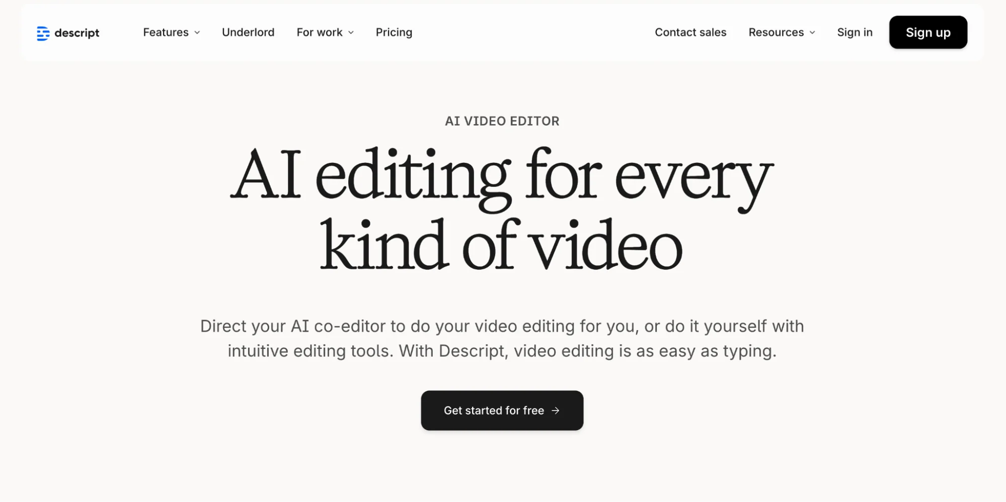 Descript landing page with headline ‘AI editing for every kind of video’.