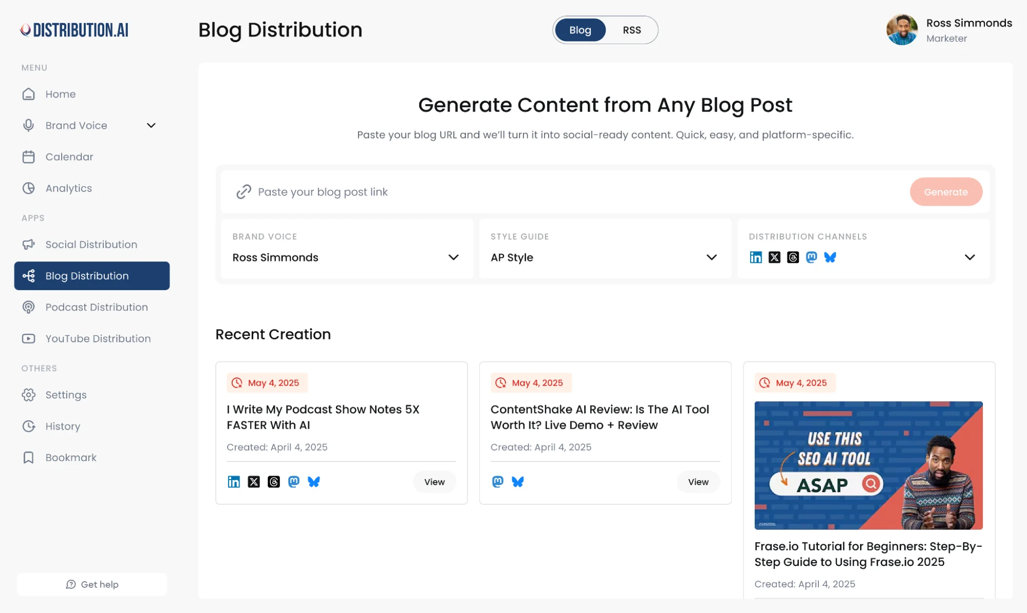 Distribution AI content repurposing dashboard that turns a blog URL into social-ready posts.