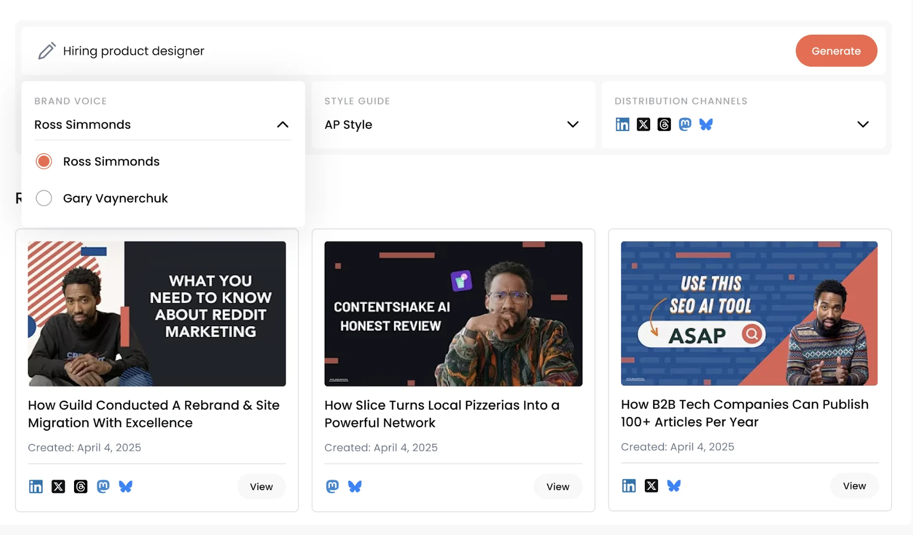 Distribution AI content repurposing tool showing brand voice selector and distribution channels.