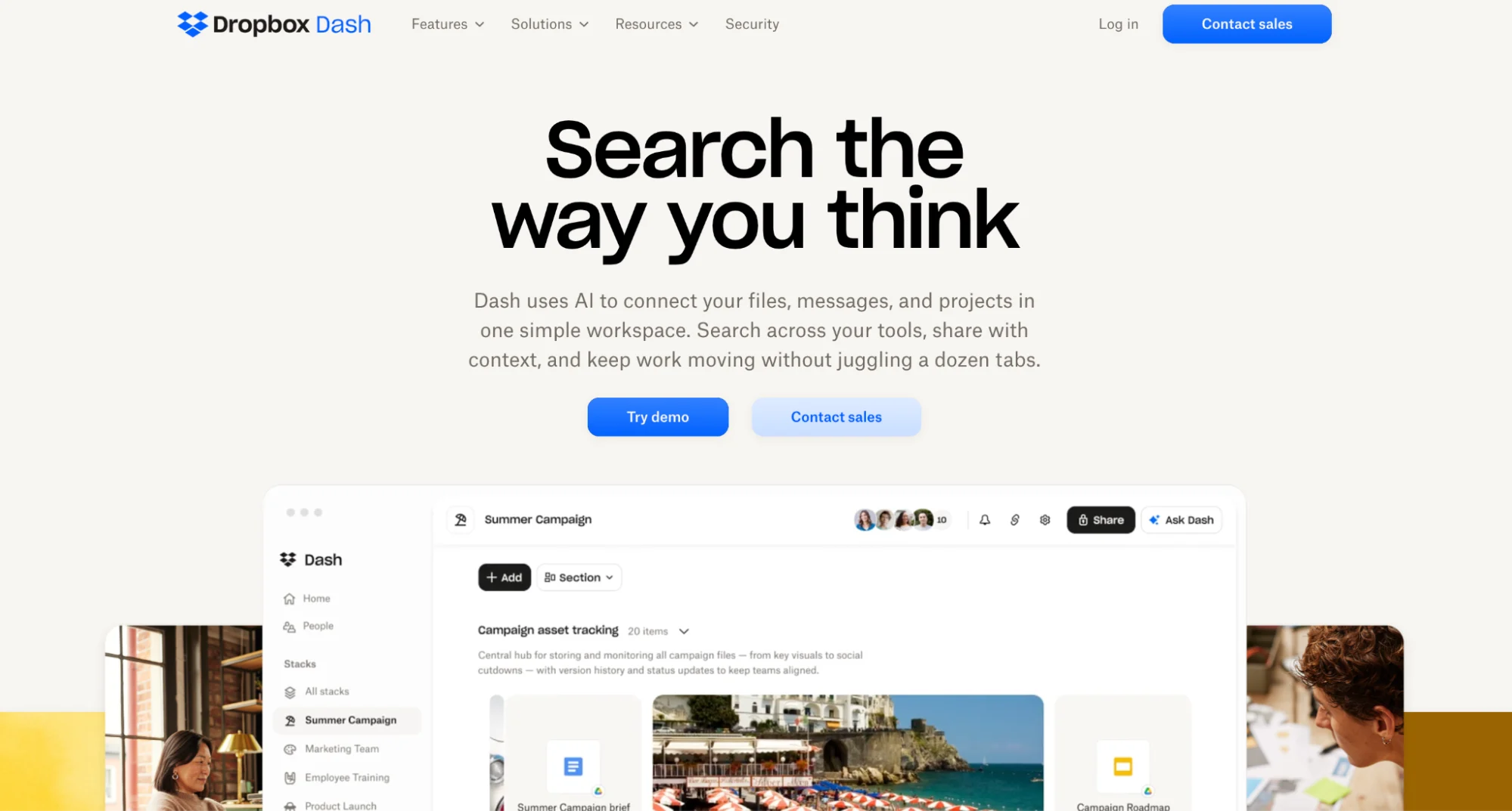 Dropbox Dash homepage showing an AI search workspace for content repurposing tools and files.