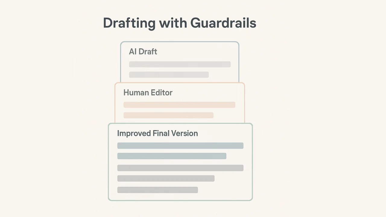 Graphic showing AI-generated draft text being refined by a human editor.