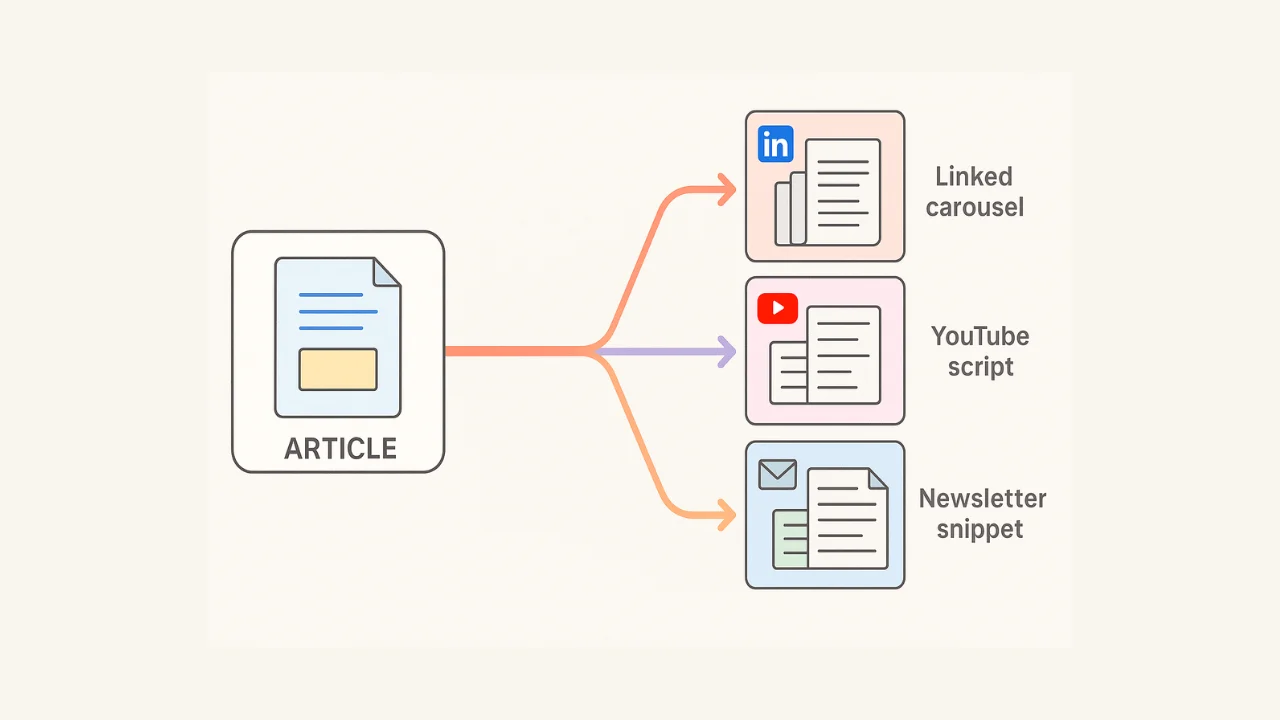 Graphic showing one article branching into multiple formats like LinkedIn posts, videos, carousels, and emails.