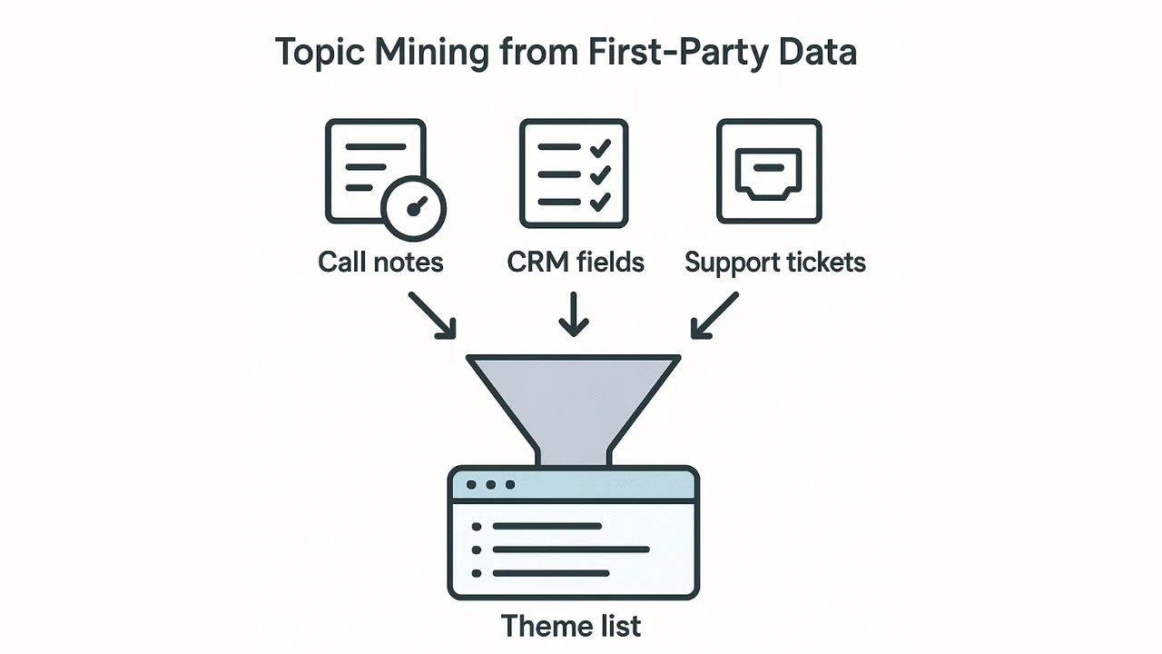 Illustration of AI extracting themes from sales notes, support tickets, and CRM fields.