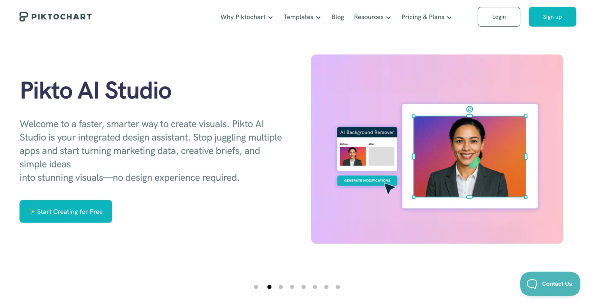 Piktochart Pikto AI Studio homepage, a visual content repurposing tool.