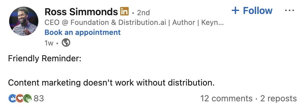 Quote from Ross Simmonds that suggests the importance of content distribution on different channels