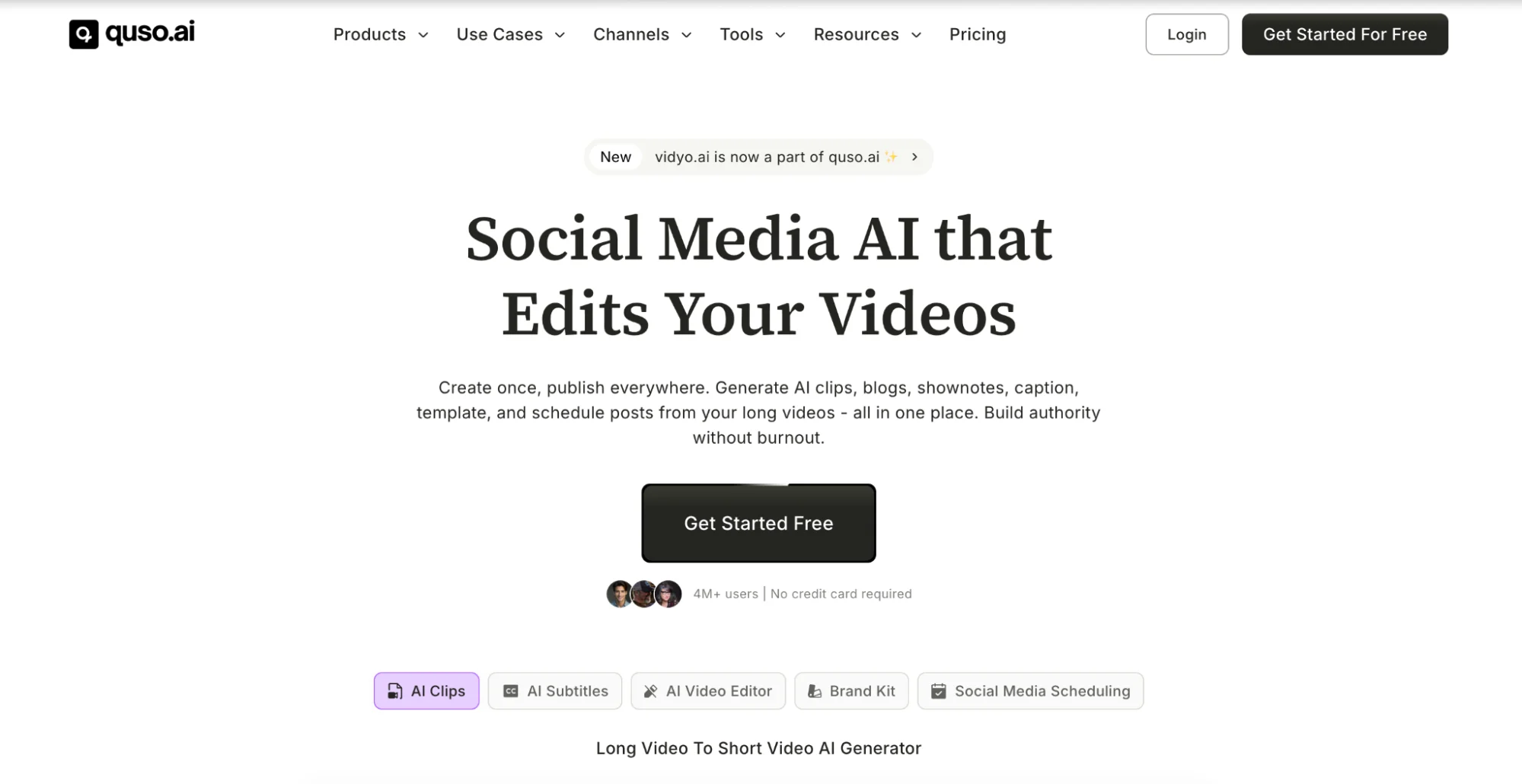 Quso.ai homepage showing ‘Social Media AI that Edits Your Videos’.
