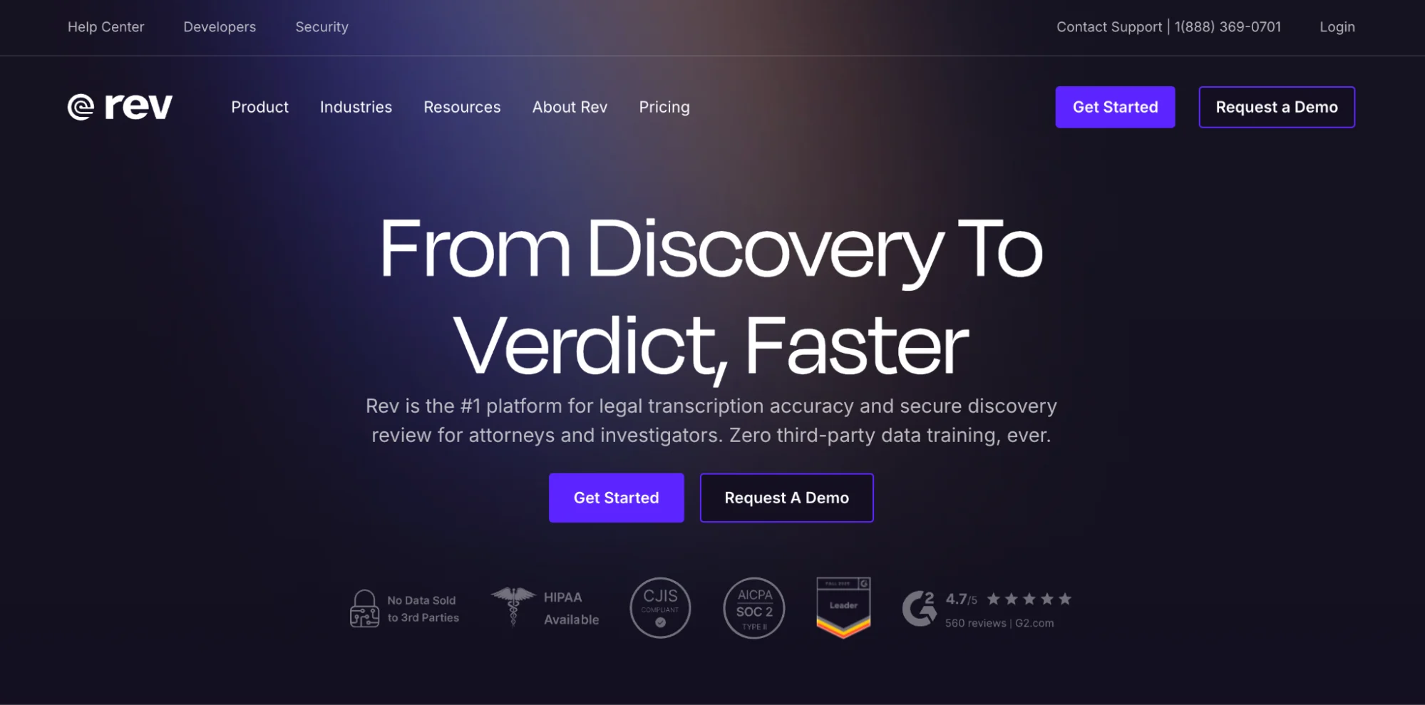 Rev homepage showing transcription features used in content repurposing tools workflows
