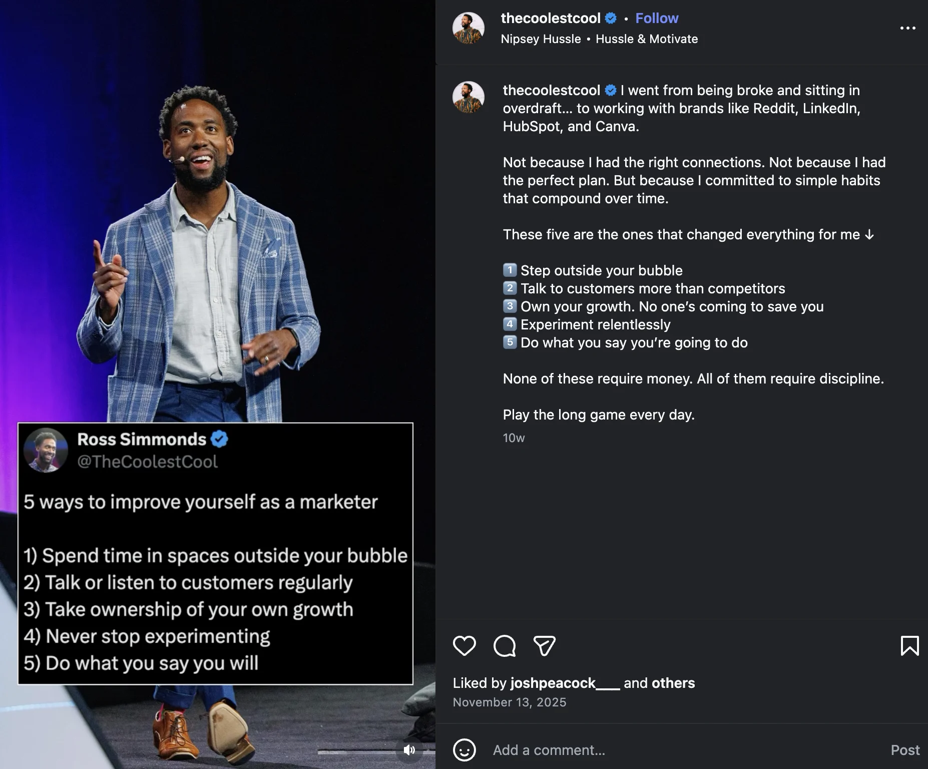 Ross Simmonds Instagram post repurposing a tweet into a single image.