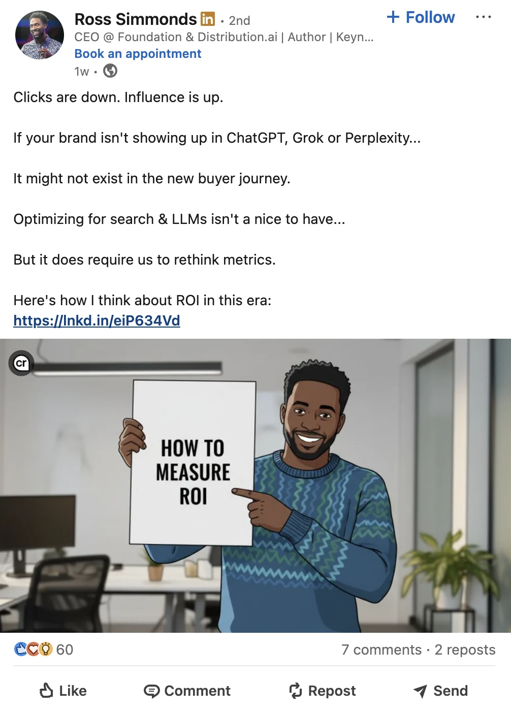Ross Simmonds LinkedIn post showing how to use LinkedIn to distribute your blog content